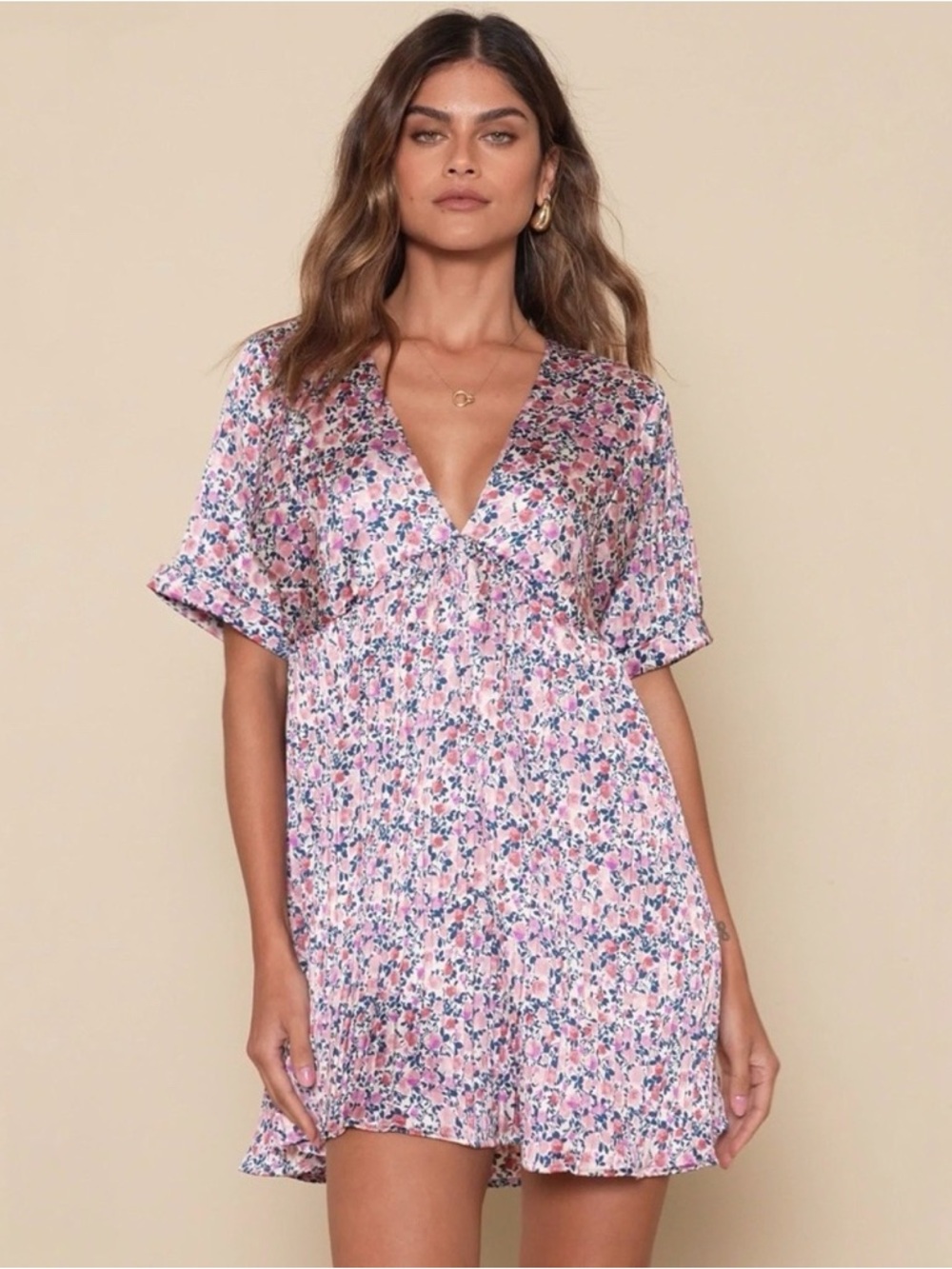 Lulus Express Yourself Blush Pink Floral Print Satin Babydoll mini Dress medium
